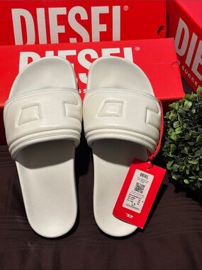 Diesel White Padded Logo Slide Sandals